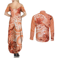 Polynesian Hibiscus Flower Tribal Couples Matching Summer Maxi Dress and Long Sleeve Button Shirt Peach Color LT9 - Polynesian Pride