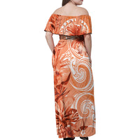 Polynesian Hibiscus Flower Tribal Family Matching Off Shoulder Maxi Dress and Hawaiian Shirt Peach Color