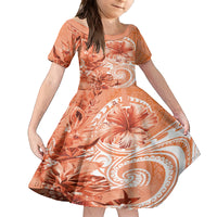 Polynesian Hibiscus Flower Tribal Kid Short Sleeve Dress Peach Color