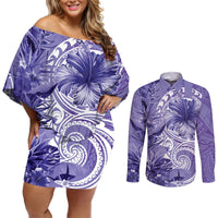 Polynesian Hibiscus Flower Tribal Couples Matching Off Shoulder Short Dress and Long Sleeve Button Shirt Violet Color LT9 Violet - Polynesian Pride