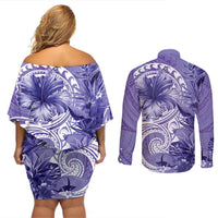 Polynesian Hibiscus Flower Tribal Couples Matching Off Shoulder Short Dress and Long Sleeve Button Shirt Violet Color LT9 - Polynesian Pride