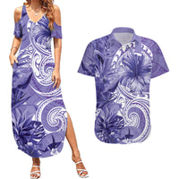 Polynesian Hibiscus Flower Tribal Couples Matching Summer Maxi Dress and Hawaiian Shirt Violet Color