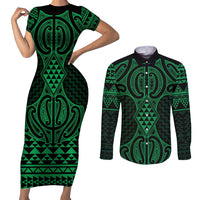 Kakariki Maori Ta Moko Poutama Art Couples Matching Short Sleeve Bodycon Dress and Long Sleeve Button Shirt