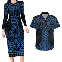 Kikorangi Maori Ta Moko Poutama Art Couples Matching Long Sleeve Bodycon Dress and Hawaiian Shirt
