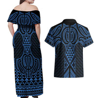 Kikorangi Maori Ta Moko Poutama Art Couples Matching Off Shoulder Maxi Dress and Hawaiian Shirt