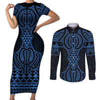 Kikorangi Maori Ta Moko Poutama Art Couples Matching Short Sleeve Bodycon Dress and Long Sleeve Button Shirt