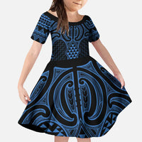 Kikorangi Maori Ta Moko Poutama Art Family Matching Off Shoulder Maxi Dress and Hawaiian Shirt