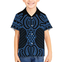 Kikorangi Maori Ta Moko Poutama Art Family Matching Off Shoulder Short Dress and Hawaiian Shirt LT9 Son's Shirt Blue - Polynesian Pride