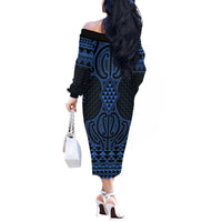 Kikorangi Maori Ta Moko Poutama Art Off The Shoulder Long Sleeve Dress