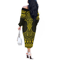 Mahi-dawg Maori Ta Moko Poutama Art Off The Shoulder Long Sleeve Dress