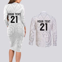 New Zealand Rangatira Custom Couples Matching Long Sleeve Bodycon Dress and Long Sleeve Button Shirt All White Niho Taniwha Maori Tribal