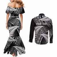 New Zealand Rugby Pacific Personalised Couples Matching Mermaid Dress and Long Sleeve Button Shirt All Black Maori Pasifika Fern Pattern