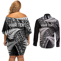 New Zealand Rugby Pacific Personalised Couples Matching Off Shoulder Short Dress and Long Sleeve Button Shirt All Black Maori Pasifika Fern Pattern