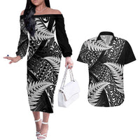 New Zealand Rugby Pacific Personalised Couples Matching Off The Shoulder Long Sleeve Dress and Hawaiian Shirt All Black Maori Pasifika Fern Pattern