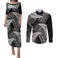 New Zealand Rugby Pacific Personalised Couples Matching Puletasi and Long Sleeve Button Shirt All Black Maori Pasifika Fern Pattern