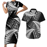 New Zealand Rugby Pacific Personalised Couples Matching Short Sleeve Bodycon Dress and Hawaiian Shirt All Black Maori Pasifika Fern Pattern