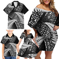 New Zealand Rugby Pacific Personalised Family Matching Off Shoulder Short Dress and Hawaiian Shirt All Black Maori Pasifika Fern Pattern