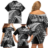 New Zealand Rugby Pacific Personalised Family Matching Off Shoulder Short Dress and Hawaiian Shirt All Black Maori Pasifika Fern Pattern