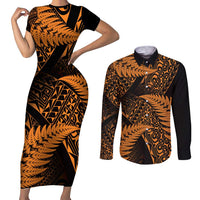 New Zealand Rugby Pacific Personalised Couples Matching Short Sleeve Bodycon Dress and Long Sleeve Button Shirt All Gold Maori Pasifika Fern Pattern