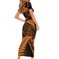 New Zealand Rugby Pacific Personalised Short Sleeve Bodycon Dress All Gold Maori Pasifika Fern Pattern