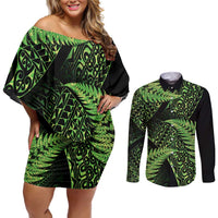 New Zealand Rugby Pacific Personalised Couples Matching Off Shoulder Short Dress and Long Sleeve Button Shirt All Lime Maori Pasifika Fern Pattern