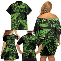New Zealand Rugby Pacific Personalised Family Matching Off Shoulder Short Dress and Hawaiian Shirt All Lime Maori Pasifika Fern Pattern