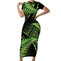 New Zealand Rugby Pacific Personalised Family Matching Short Sleeve Bodycon Dress and Hawaiian Shirt All Lime Maori Pasifika Fern Pattern