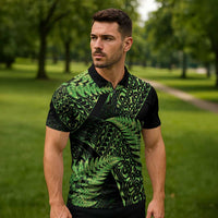 New Zealand Rugby Pacific Personalised Zipper Polo Shirt All Lime Maori Pasifika Fern Pattern - Polynesian Pride