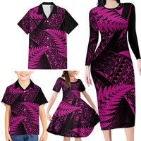 New Zealand Rugby Pacific Personalised Family Matching Long Sleeve Bodycon Dress and Hawaiian Shirt All Pink Maori Pasifika Fern Pattern