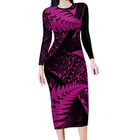 New Zealand Rugby Pacific Personalised Long Sleeve Bodycon Dress All Pink Maori Pasifika Fern Pattern