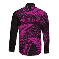 New Zealand Rugby Pacific Personalised Long Sleeve Button Shirt All Pink Maori Pasifika Fern Pattern