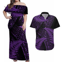 New Zealand Rugby Pacific Personalised Couples Matching Off Shoulder Maxi Dress and Hawaiian Shirt All Purple Maori Pasifika Fern Pattern