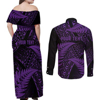 New Zealand Rugby Pacific Personalised Couples Matching Off Shoulder Maxi Dress and Long Sleeve Button Shirt All Purple Maori Pasifika Fern Pattern
