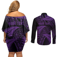 New Zealand Rugby Pacific Personalised Couples Matching Off Shoulder Short Dress and Long Sleeve Button Shirt All Purple Maori Pasifika Fern Pattern
