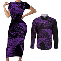 New Zealand Rugby Pacific Personalised Couples Matching Short Sleeve Bodycon Dress and Long Sleeve Button Shirt All Purple Maori Pasifika Fern Pattern