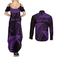 New Zealand Rugby Pacific Personalised Couples Matching Summer Maxi Dress and Long Sleeve Button Shirt All Purple Maori Pasifika Fern Pattern