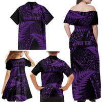 New Zealand Rugby Pacific Personalised Family Matching Off Shoulder Maxi Dress and Hawaiian Shirt All Purple Maori Pasifika Fern Pattern
