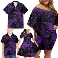 New Zealand Rugby Pacific Personalised Family Matching Off Shoulder Short Dress and Hawaiian Shirt All Purple Maori Pasifika Fern Pattern