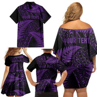 New Zealand Rugby Pacific Personalised Family Matching Off Shoulder Short Dress and Hawaiian Shirt All Purple Maori Pasifika Fern Pattern