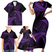New Zealand Rugby Pacific Personalised Family Matching Short Sleeve Bodycon Dress and Hawaiian Shirt All Purple Maori Pasifika Fern Pattern