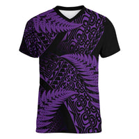 New Zealand Rugby Pacific Personalised Women V-Neck T-Shirt All Purple Maori Pasifika Fern Pattern
