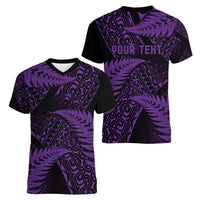 New Zealand Rugby Pacific Personalised Women V-Neck T-Shirt All Purple Maori Pasifika Fern Pattern
