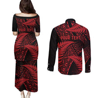 New Zealand Rugby Pacific Personalised Couples Matching Puletasi and Long Sleeve Button Shirt All Red Maori Pasifika Fern Pattern