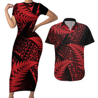 New Zealand Rugby Pacific Personalised Couples Matching Short Sleeve Bodycon Dress and Hawaiian Shirt All Red Maori Pasifika Fern Pattern