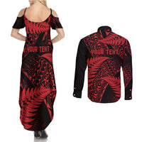 New Zealand Rugby Pacific Personalised Couples Matching Summer Maxi Dress and Long Sleeve Button Shirt All Red Maori Pasifika Fern Pattern