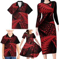 New Zealand Rugby Pacific Personalised Family Matching Long Sleeve Bodycon Dress and Hawaiian Shirt All Red Maori Pasifika Fern Pattern