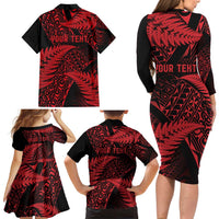 New Zealand Rugby Pacific Personalised Family Matching Long Sleeve Bodycon Dress and Hawaiian Shirt All Red Maori Pasifika Fern Pattern