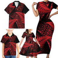 New Zealand Rugby Pacific Personalised Family Matching Short Sleeve Bodycon Dress and Hawaiian Shirt All Red Maori Pasifika Fern Pattern