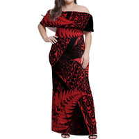 New Zealand Rugby Pacific Personalised Off Shoulder Maxi Dress All Red Maori Pasifika Fern Pattern