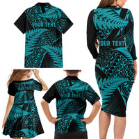 New Zealand Rugby Pacific Personalised Family Matching Long Sleeve Bodycon Dress and Hawaiian Shirt All Turquoise Maori Pasifika Fern Pattern